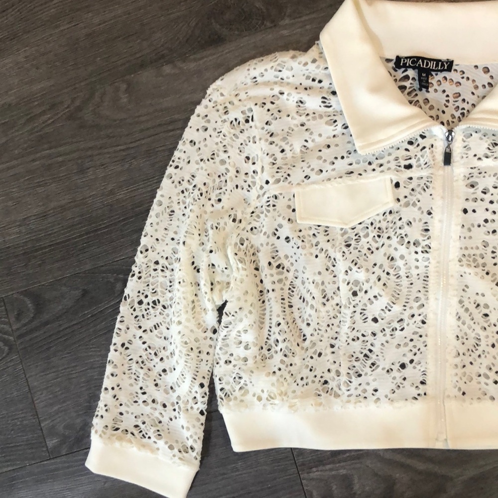 Picadilly White lace like Zip Up cropped Jacket shirt - Picture 4 of 9
